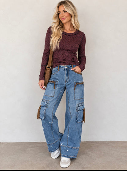 Oil & Hali EP30513 Denim Washed Pant Spattered Suede Trim Detail Denim Cargo Pants