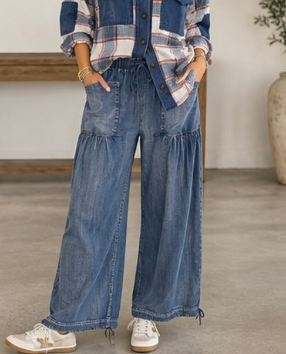 WASHED CHAMBRAY PATCH POCKET TWO WAY PANTS