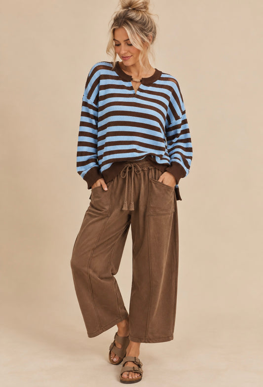 Easel Mocha Blue Striped Top