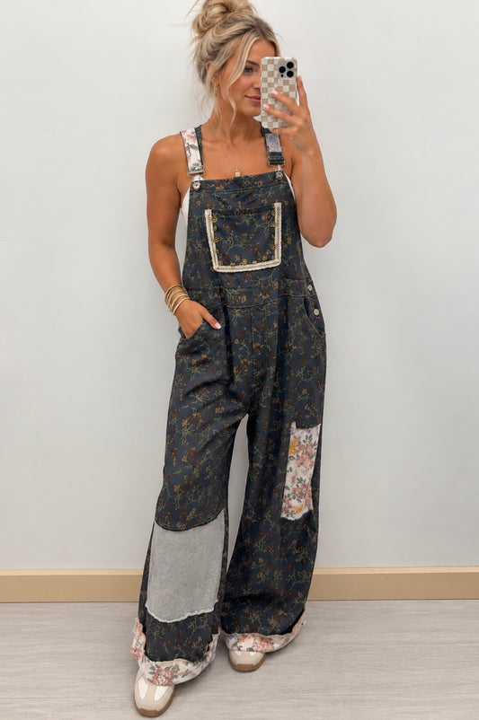 Pol Dusty Navy Floral Overalls