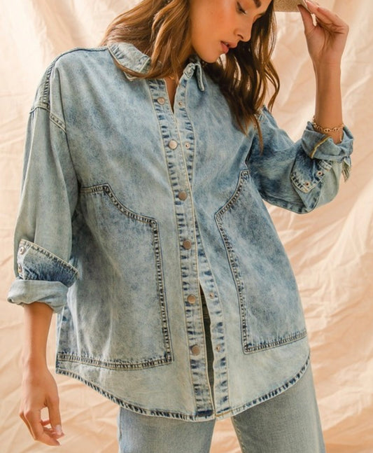 Light Wash Jean Snap Shacket so me