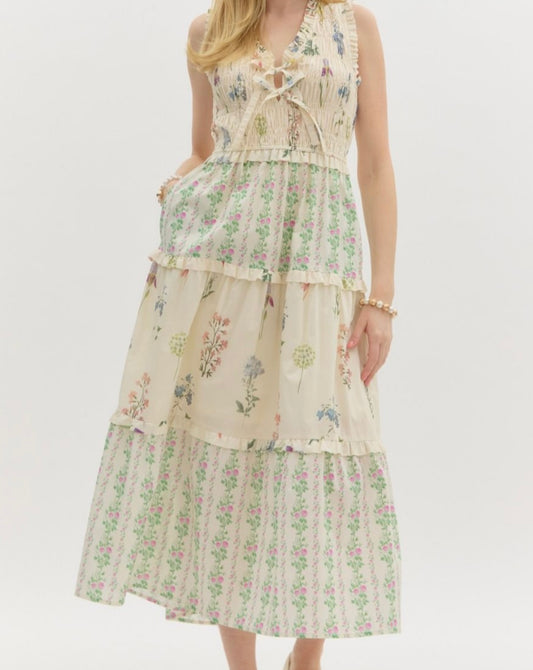 Cream Floral Midi Dress