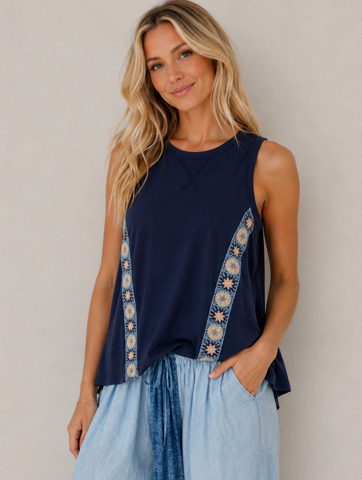 Navy Block Crochet Swing Top
