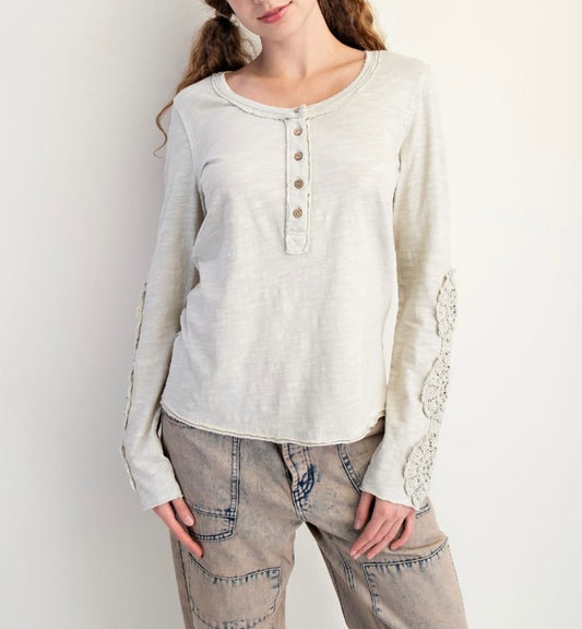 Cream Crochet Lace Detail Henley Top Easel