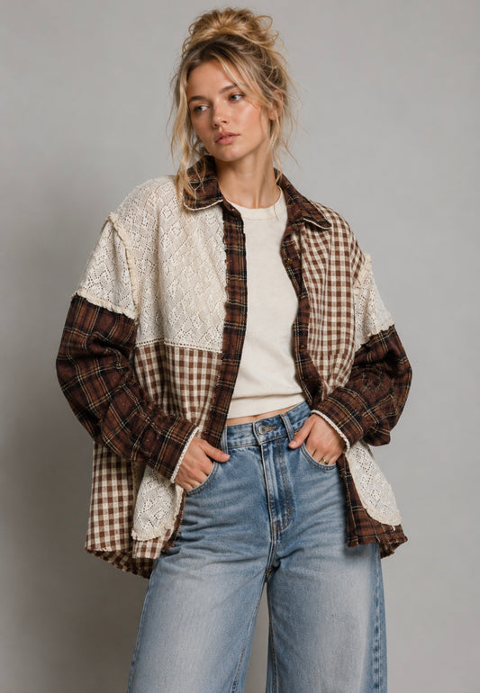Plaid Patchwork Heart Patch Heart button Lace Trim Shirt Top