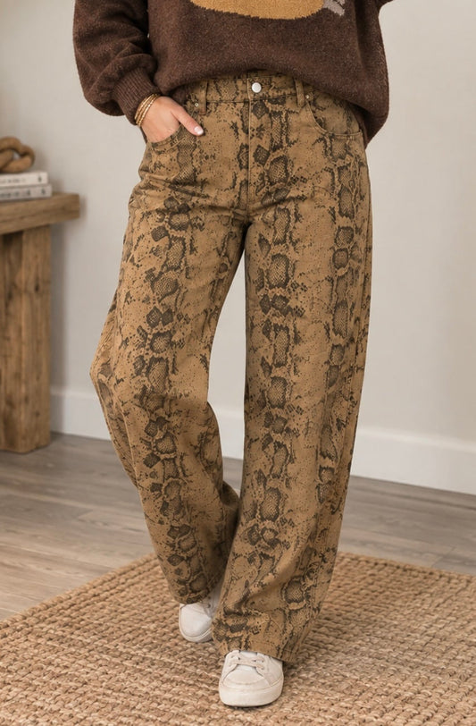 Mocha Reptile Print Barrel Pants Oddi