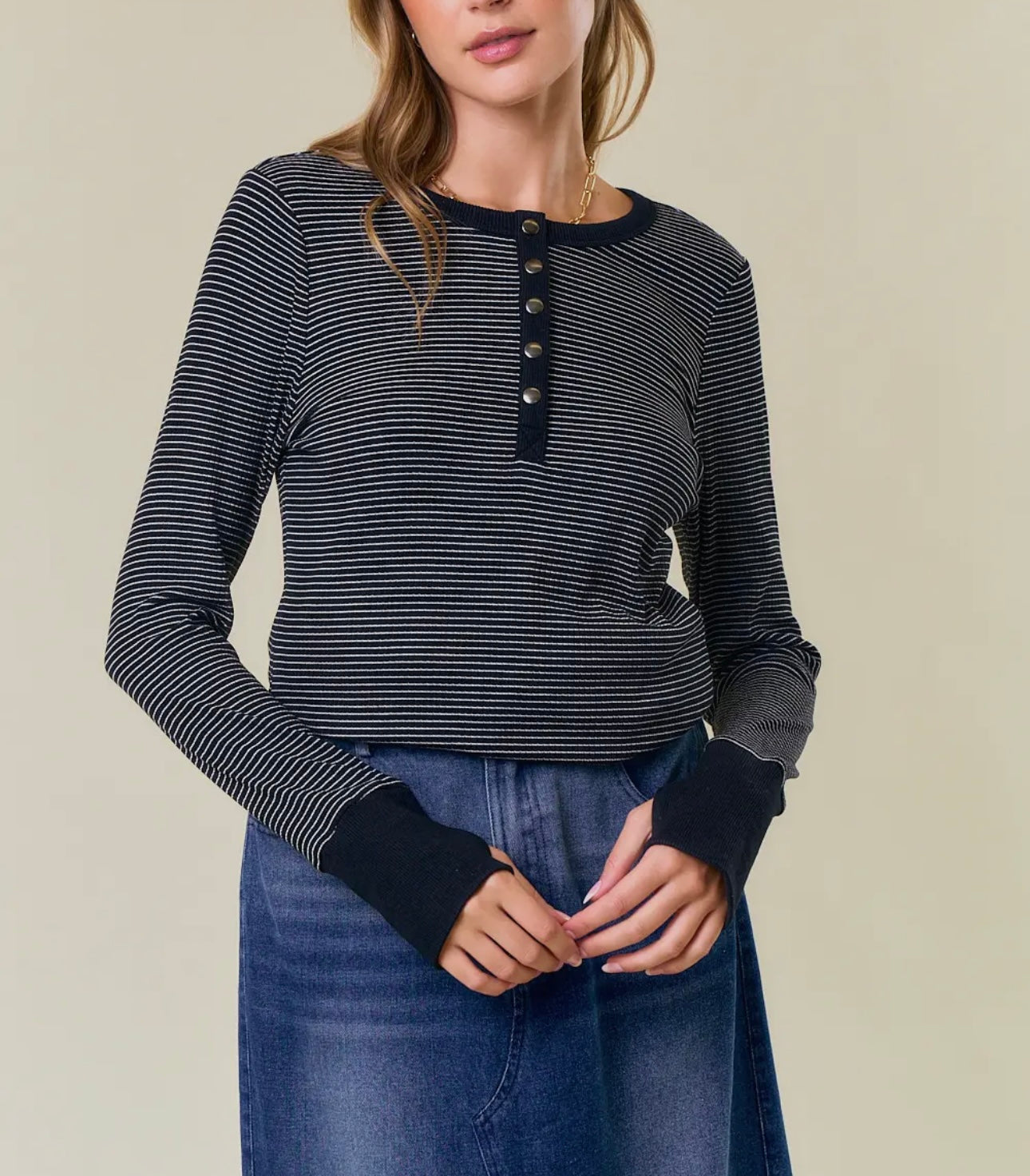 Grey/ Black Stripe Henley Snap Top