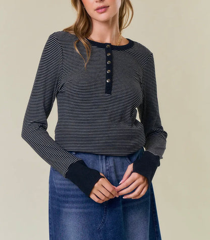 Grey/ Black Stripe Henley Snap Top