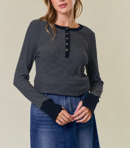 Grey/ Black Stripe Henley Snap Top