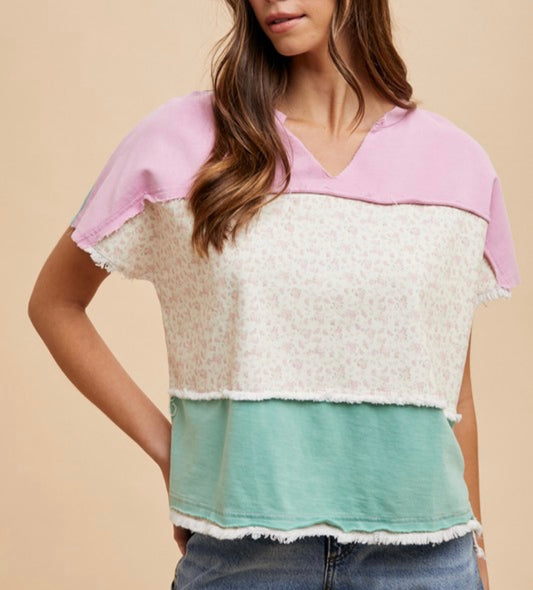 Ditsy Floral Pink and Green Stripe Anniewear Top
