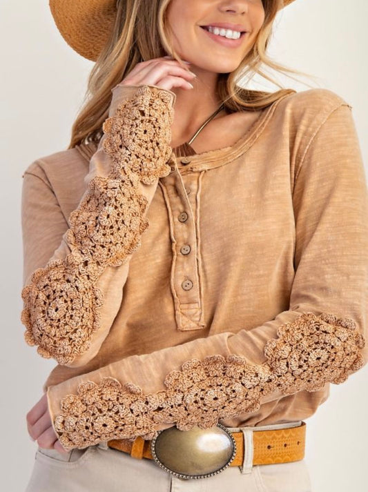Camel Crochet Lace Detail Top Easel