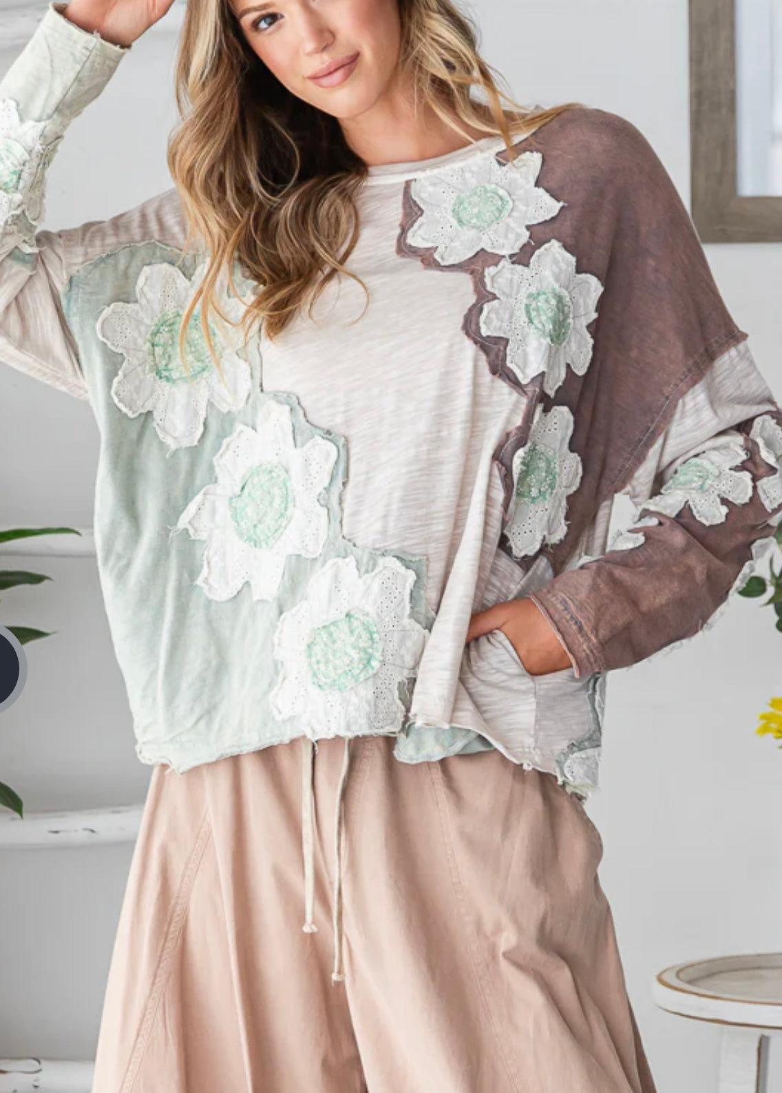 Sage and Brown Floral Top with Pockets oli and Hali
