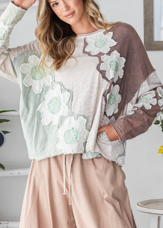 Sage and Brown Floral Top with Pockets oli and Hali