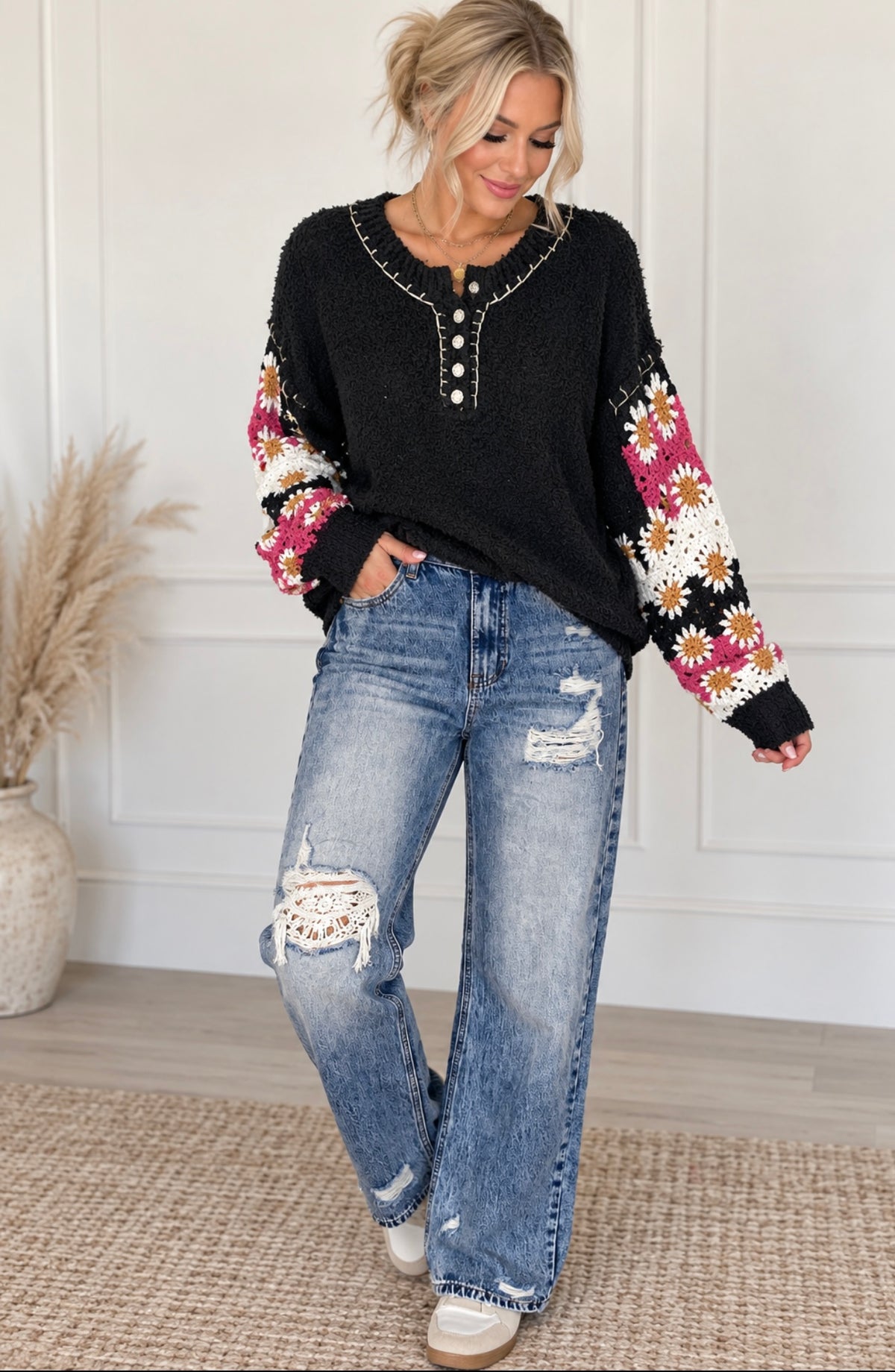 Black and Green Granny Patch Arms V neck Sweater