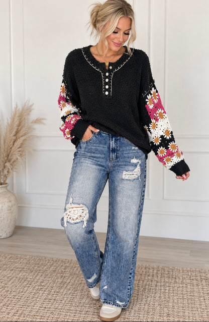 Black and Green Granny Patch Arms V neck Sweater