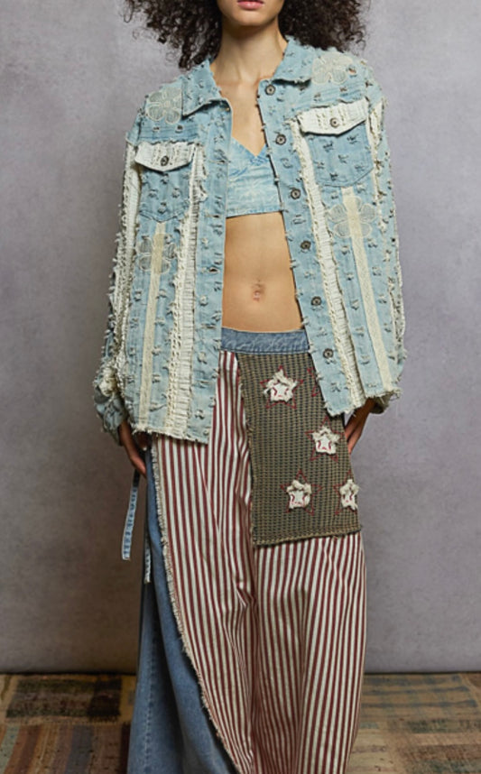 Textured Denim Flower Embroidery Button Down Top Pol