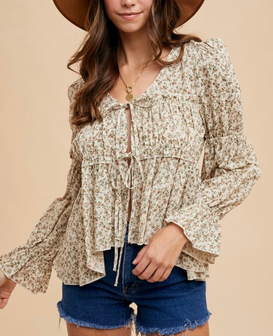 Ditsy Mocha Floral Bow Top