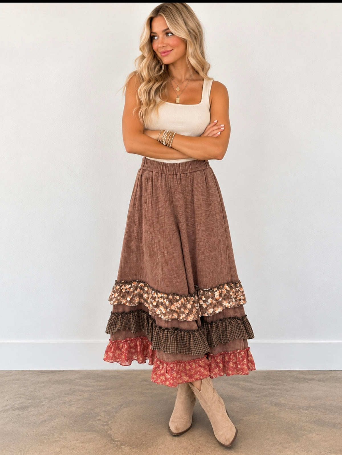 Easel Mocha Print Ruffle Bottom Mineral Washed Pants