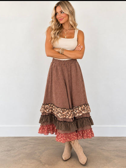Easel Mocha Print Ruffle Bottom Mineral Washed Pants
