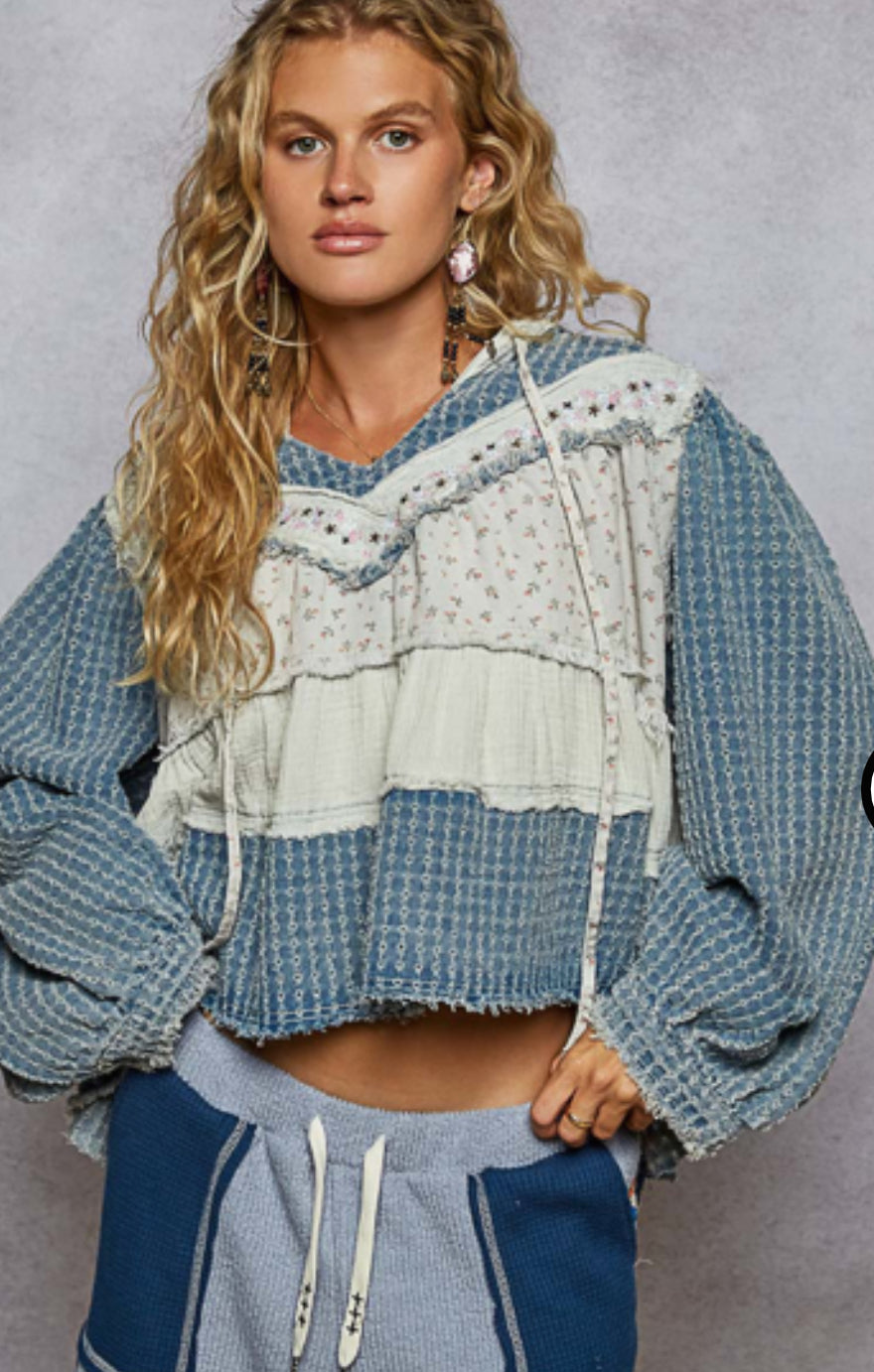 Denim patch ruffle hoodie top