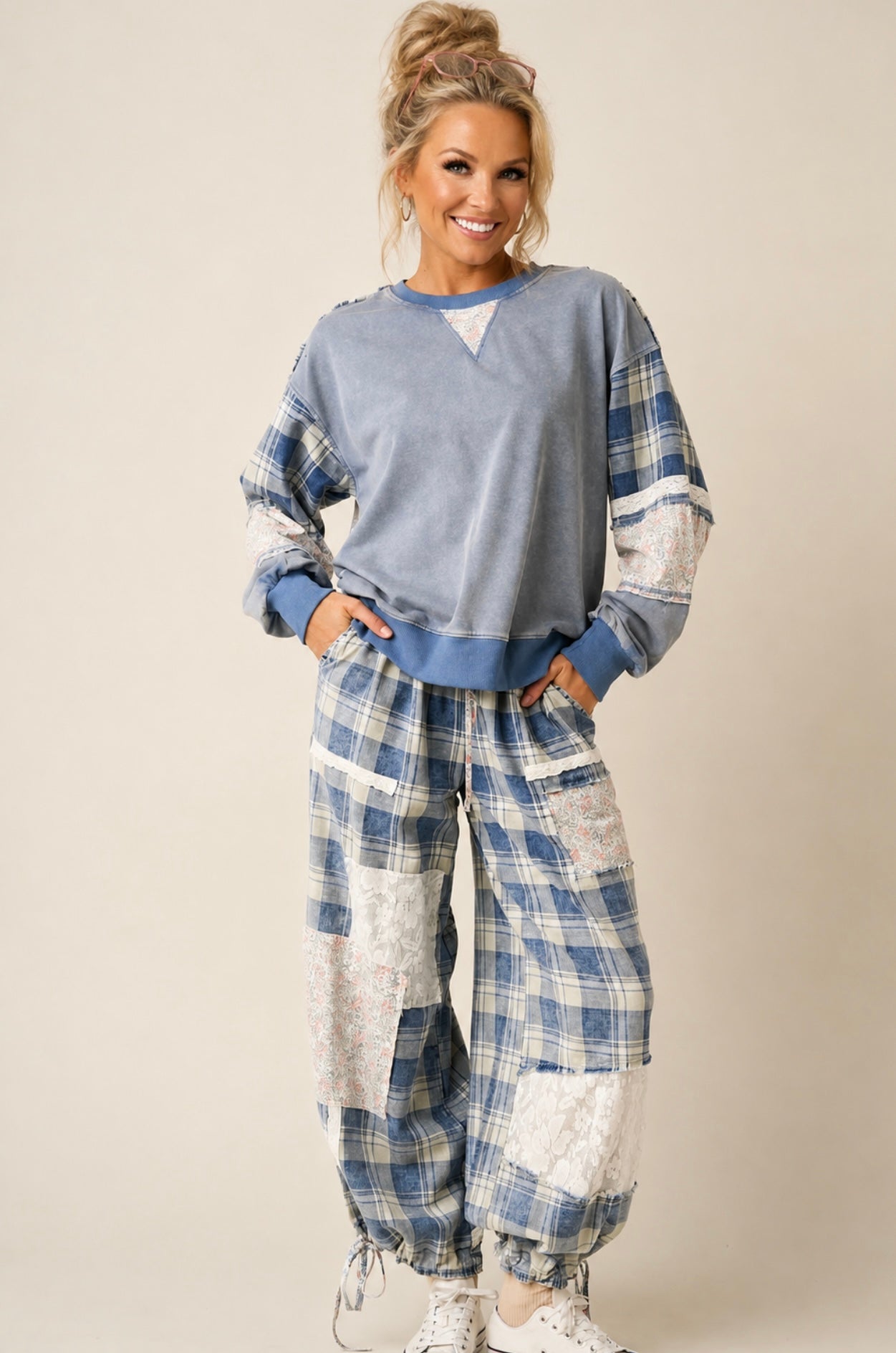 Mittoshop PLAID PATCHWORK LONG SLEEVE SWEATSHIRT