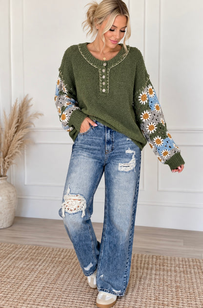 Black and Green Granny Patch Arms V neck Sweater