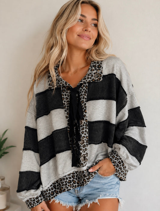 Animal Print Grey and Black Stripe Top