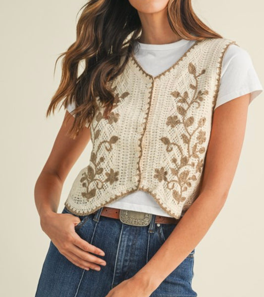 Natural Floral Sleeveless Cardigan
