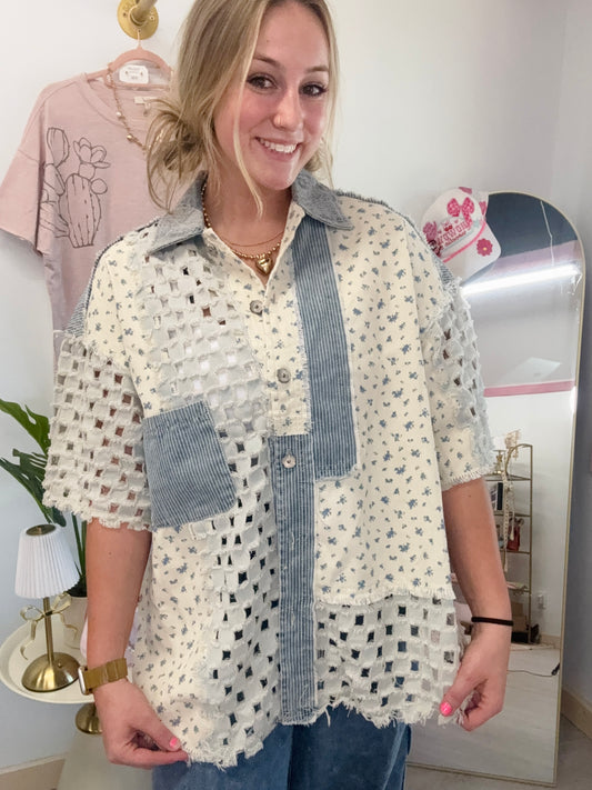 Denim Stripe Ditsy Blue Button Up Top