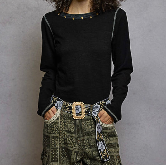 Black Stud Detail Long sleeve Top