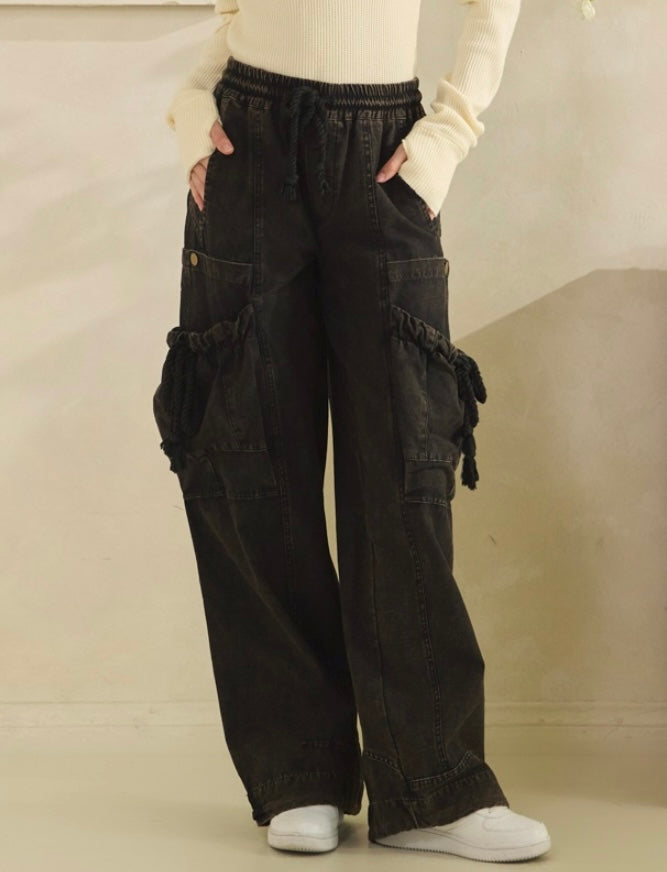 Black Mineral Wash Cargo Pants Oli and Hali