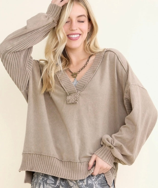 Mineral Washed Ribbed Vneck Sweatshirt-Natural