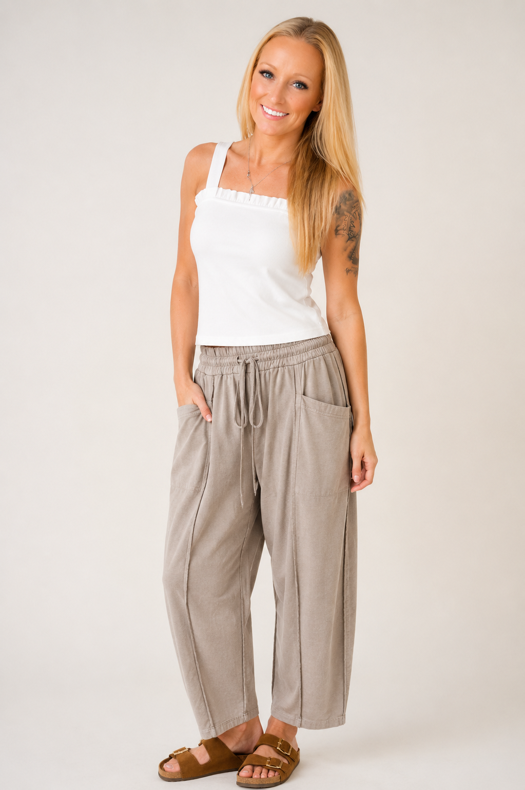 Sand Shell MINERAL WASH SEAM DETAIL PULL ON BARREL PANTS