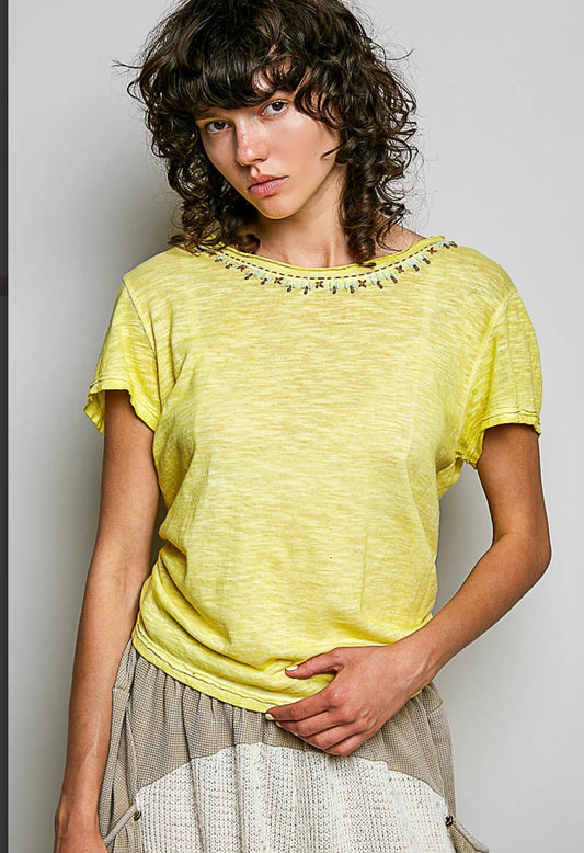 Yellow Lightweight short-sleeve knit top with a relaxed drape and subtle texture