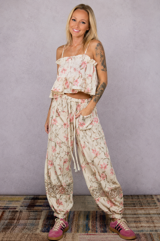 Ivory Floral Double gauze jogger pants featuring an allover floral/stripe print