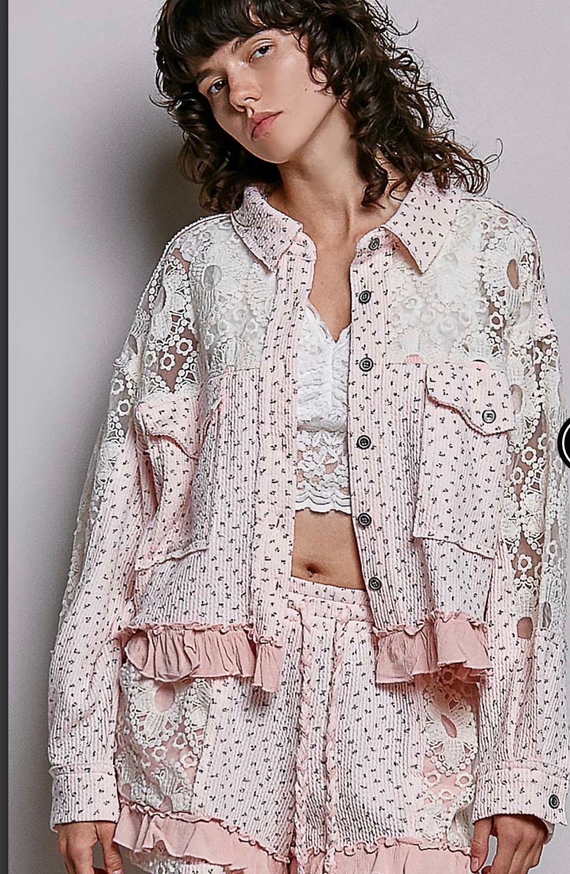 Pink Floral relaxed-fit balloon sleeve jacket top in printed knit.