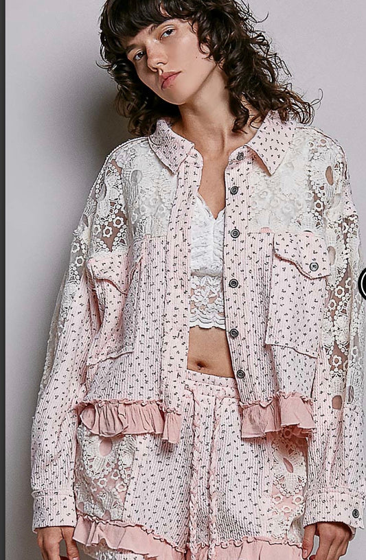 Pink Floral relaxed-fit balloon sleeve jacket top in printed knit.