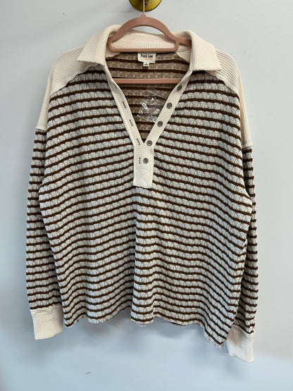 Open Collar with V Neck Stripe Mocha and Ivory Top Peach Love