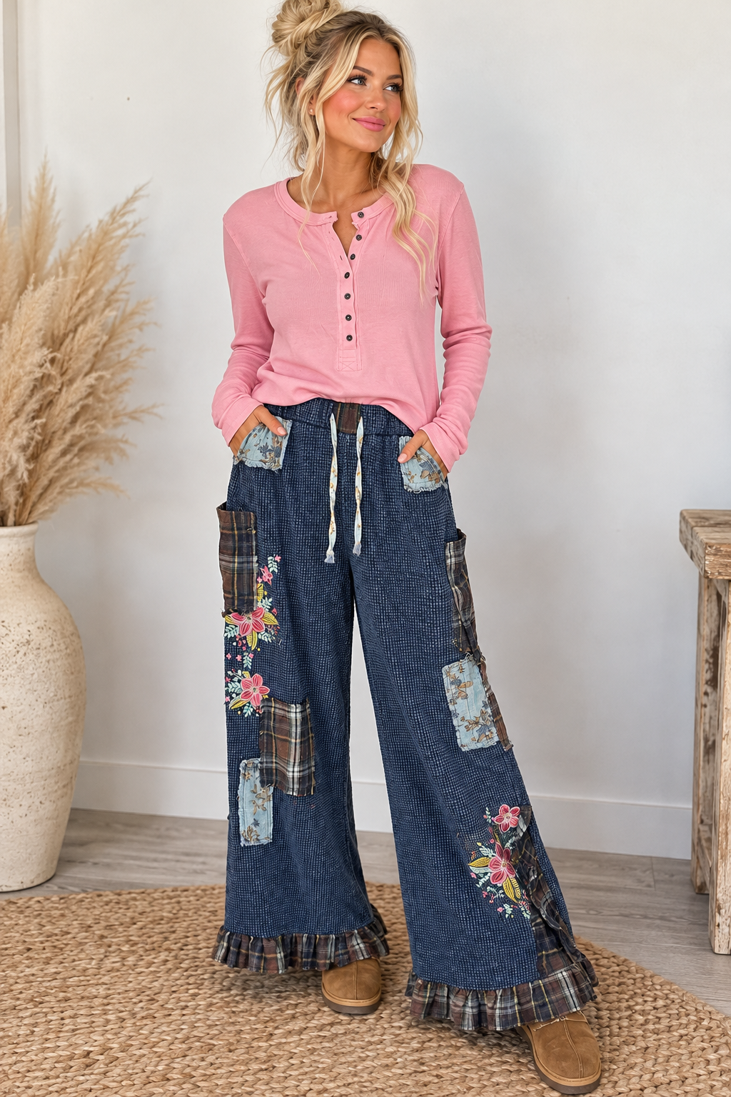 Thermal Plaid Patchwork Floral Embroidered Ruffle Hem Pants