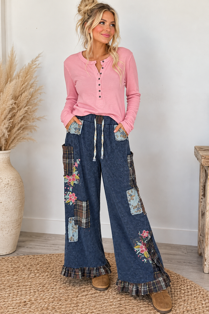 Thermal Plaid Patchwork Floral Embroidered Ruffle Hem Pants