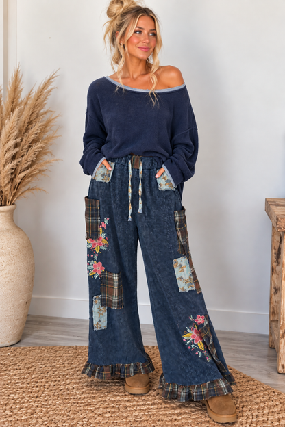Thermal Plaid Patchwork Floral Embroidered Ruffle Hem Pants
