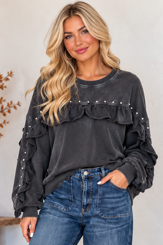 Peach Love Dark Charcoal Ruffle Front Studded Detail Sweater