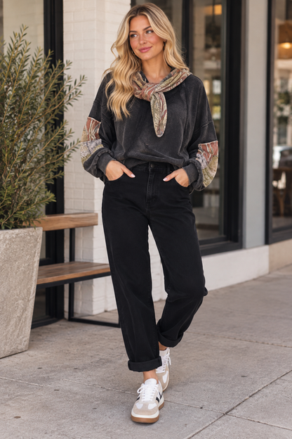 Oil & Hali Black Pieced French Terry Hoodie With Print Flat String