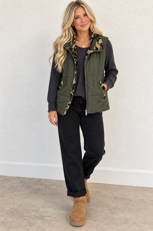 Reversible Camo Lined Puffer Vest with Zip Front