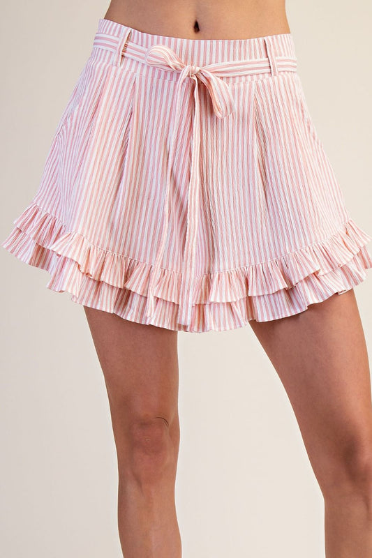 Coral stripe ruffle shorts