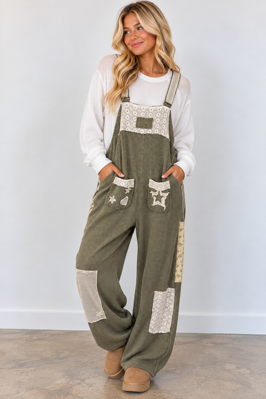 Vintage Thermal Wide Leg Eyelet Crochet Patch Overall
