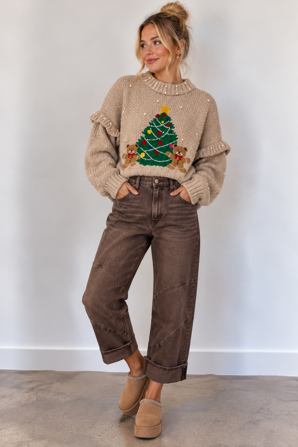 Pol Clothing Christmas Teddy Bear Taupe Top
