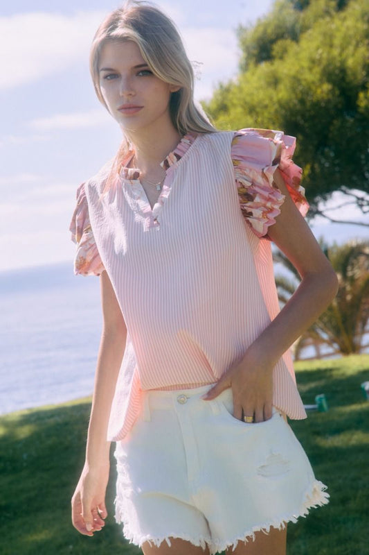 Striped printed blouse with floral printed flutter sleeve and ruffled neck