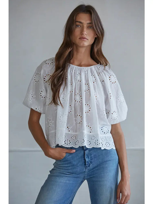 Woven Cotton Eyelet Round Neck Short Sleeve Top