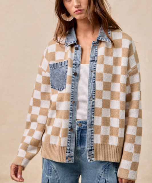 Latte Washed Denim Checkered Sweater Jacket